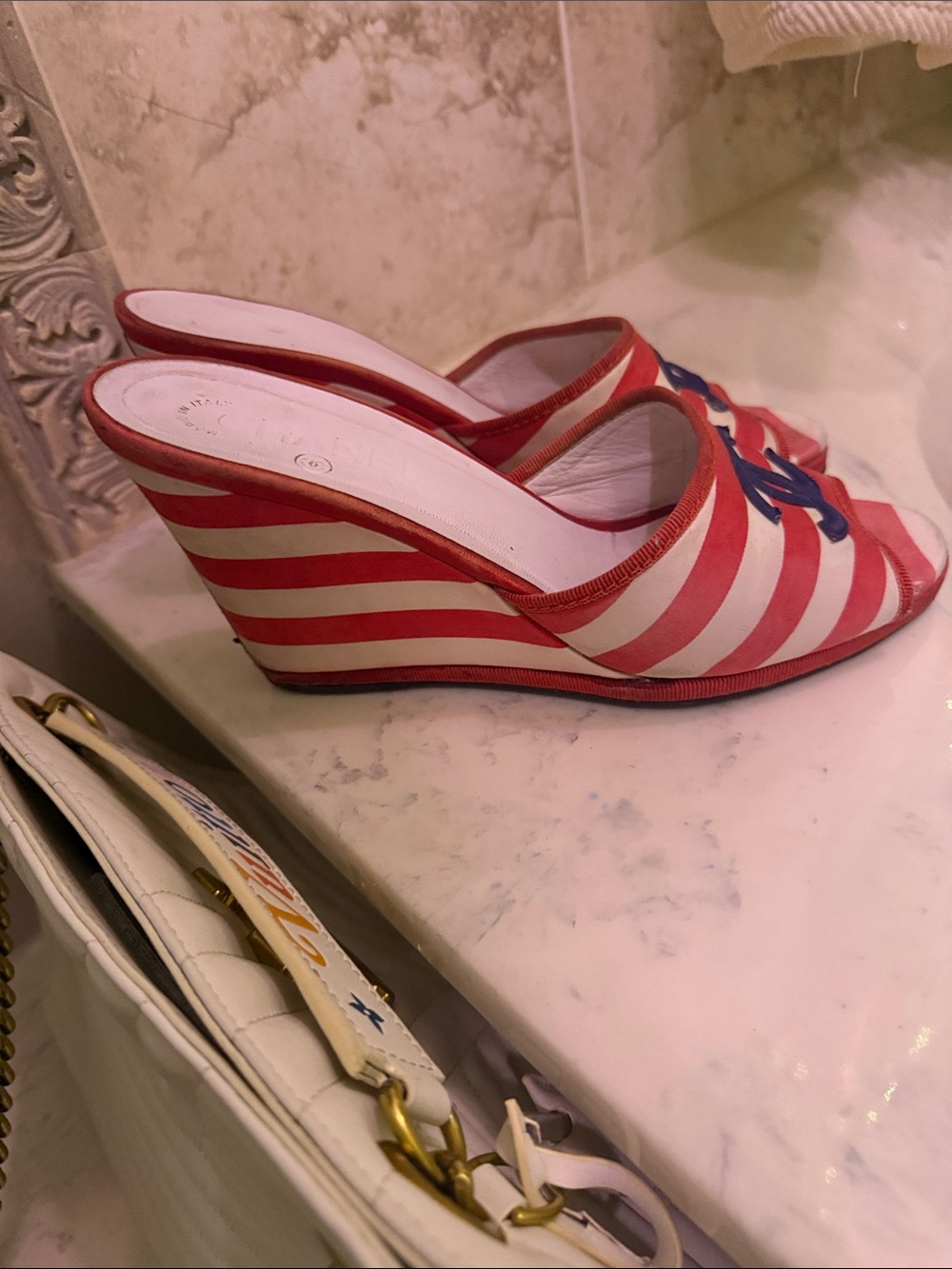 CHANEL Red, White & Navy Striped Open-Toe Slide Mules - Picture 2 of 6